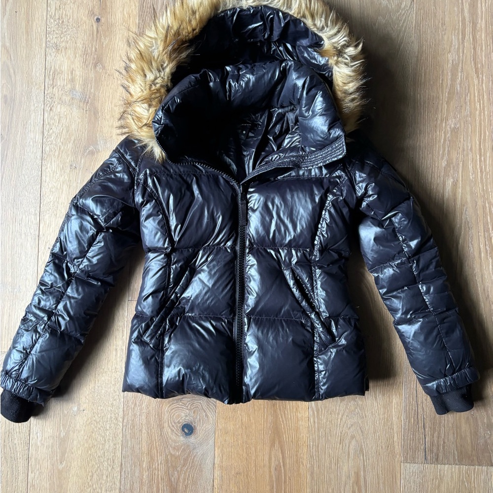 Aqua Black Puffer Jacket with Detachable Brown Fur Hood